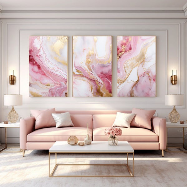 3 oeuvres d'art murales abstraites en marbre doré rose - Décoration d'intérieur moderne