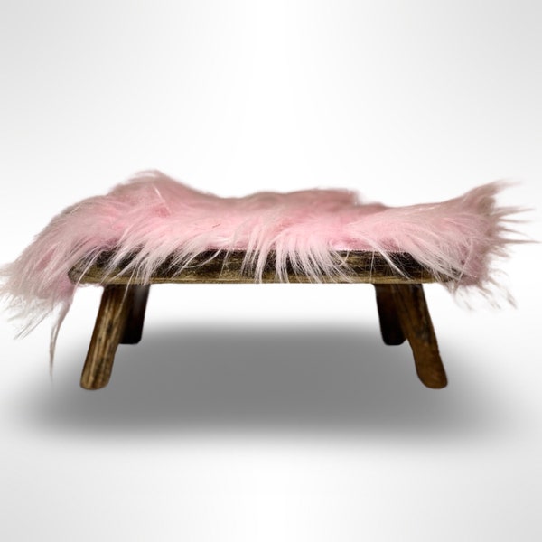 Pink Mongolian fur, small footstool, Hobbit stool, pallet wood.