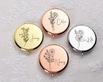 Personalized Birth Flower Compact Mirror with Name,Bridesmaid Proposal,Gold Make up Mirror,Engraved Pocket Mirror,Birthday Gifts for Her