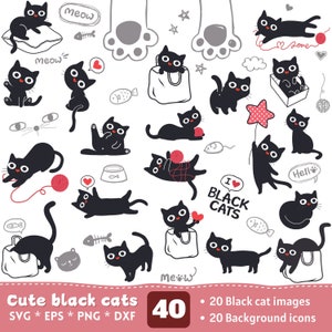 Könnte beinhalten: Ein Set mit 40 Illustrationen von schwarzen Katzen, darunter 20 Bilder von schwarzen Katzen und 20 Hintergrundsymbole. Die schwarzen Katzen sind in verschiedenen Posen, darunter sitzend, schlafend, mit Garn spielend und einen Stern haltend. Die Hintergrundsymbole umfassen Pfotenabdrücke, Fischgräten, Herzen und Sterne.