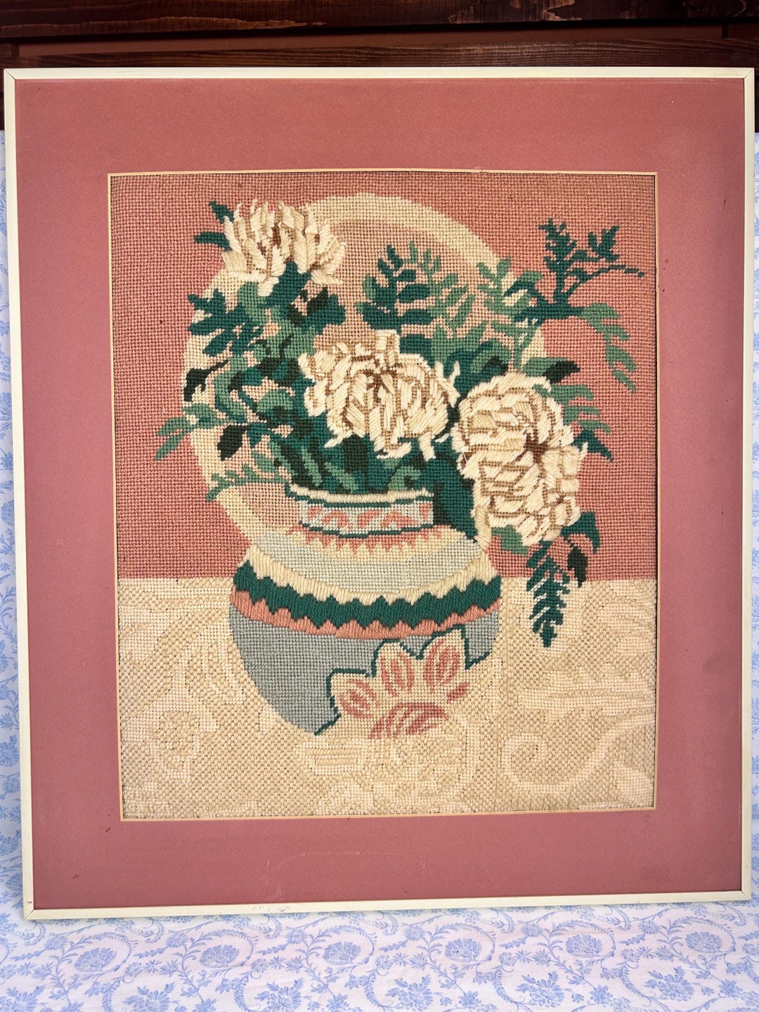 Vintage 1983 Framed Needlepoint Floral Vase Wall Art - Etsy