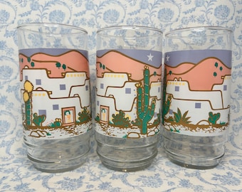 Vintage 80’s Pastel Southwestern Adobe Holiday Glass Tumbler Set of 8
