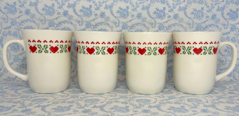 Vintage Arcopal France Red Heart Stitch Mug Set of 4 image 1