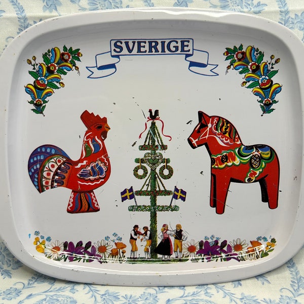 Vintage Sweden Sverige Dala Horse Metal Tray