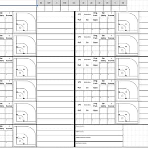 Op de afbeelding: Een baseball scouting sheet met een raster om spelersstatistieken te registreren en een diagram van een baseballveld met een loper op de eerste honk.