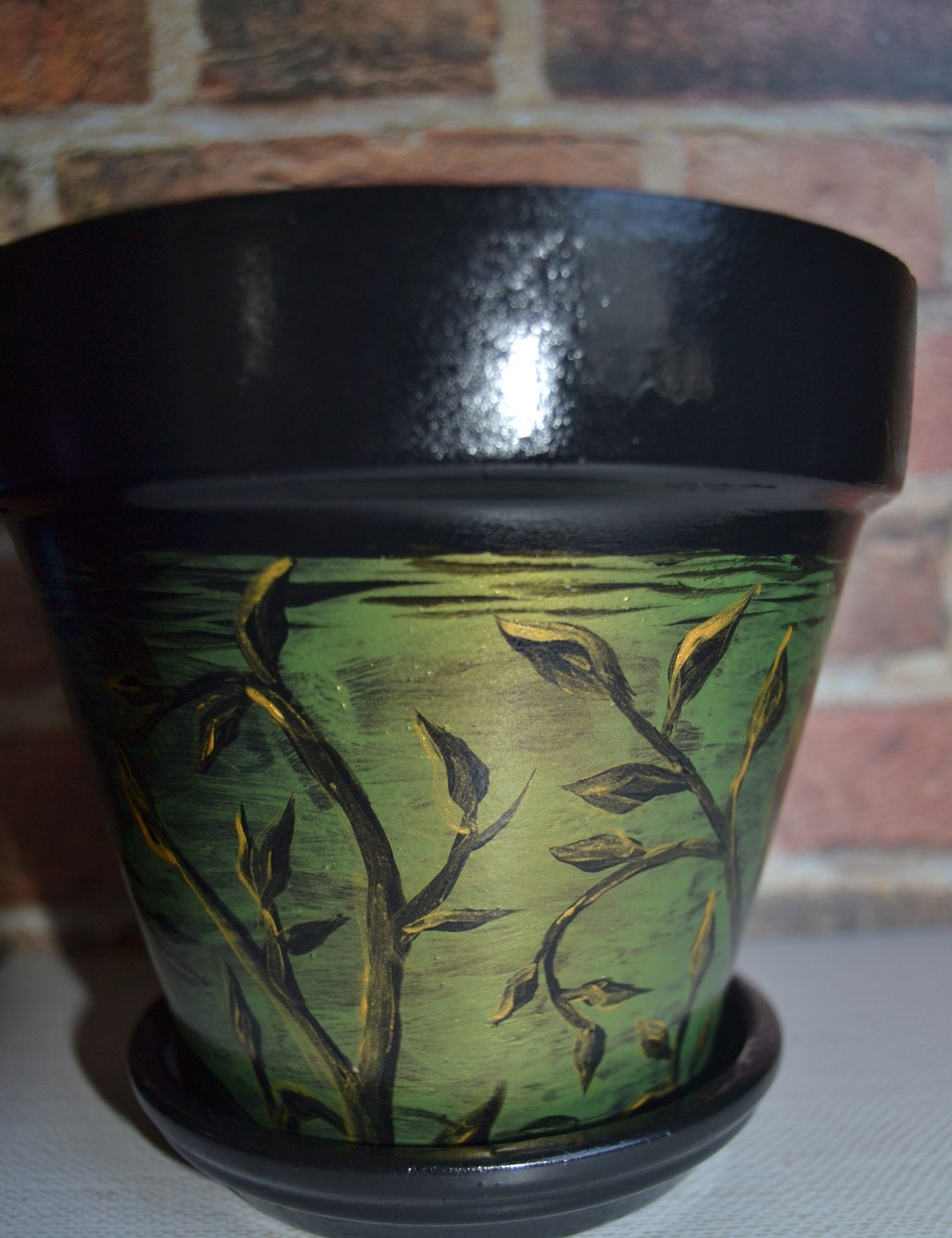6inch Handpainted Terracotta Planter and Saucer, Metallic Black and