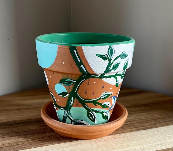 4 Inch Hand-painted Terracotta Planter and Saucer - Etsy