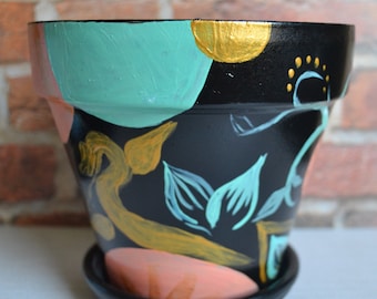 6 inch hand painted terracotta planter and saucer with acrylic paint-peach, teal, and gold