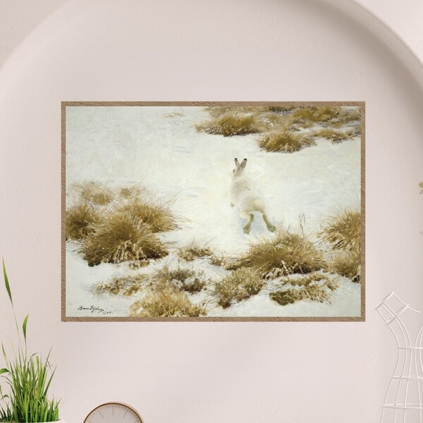 The Snow Hare by Bruno Liljefors animal print downloadable instant print wall art vintage art print Swedish artist wildlife print winter art