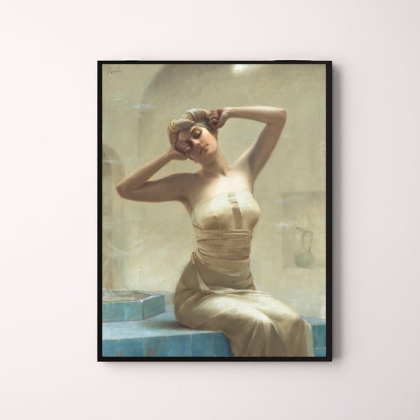 At The Bath by Theodoros Rallis Greek artist romantic mysticism sensual figurative female form vintage downloadable printable wall art