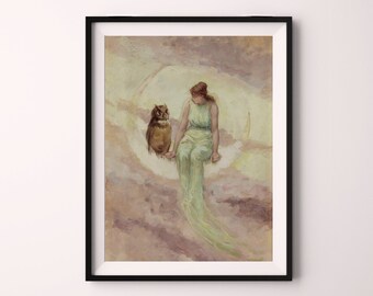 De heksendochter Frederick Stuart Church vintage heks uil maan downloadbare afdrukbare muur kunst print occulte droom vrouw hemelse kunst