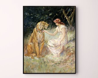 Lady and the Tiger by Frederick Stuart Church 1900 American illustration woman animal portrait downloadable printable vintage wall art print