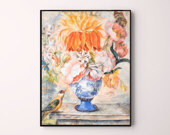 Stilleven van bloemen in een blauwe decoratieve vaas met een vogel naast een richel vintage downloadbare afdrukbare chaletkunst