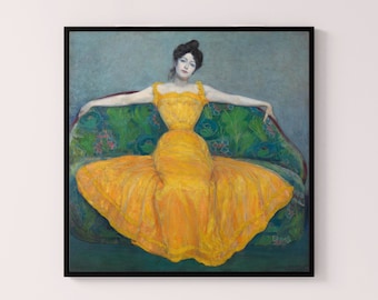 Lady in Yellow door Max Kurzweil Oostenrijkse figuratieve kunstenaar chalet vintage downloadbare afdrukbare muurkunst expressionisme art nouveau