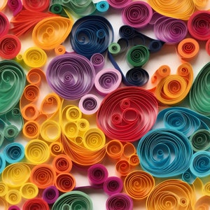 Puede incluir: Una obra de arte abstracta colorida hecha con rollos de papel. Los rollos de papel están dispuestos en un patrón de remolino y están en tonos de rojo, naranja, amarillo, verde, azul, morado y rosa.