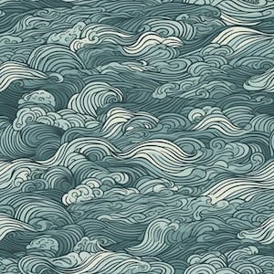 May include: Seamless pattern of blue and white waves in a traditional Japanese style. The waves are drawn with intricate lines and swirls, creating a dynamic and flowing design.