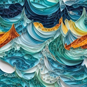 Op de afbeelding: Een close-up van een papieren kunstwerk dat een draaiende oceaan golf voorstelt. De golf is gemaakt van papieren krulletjes in tinten blauw, groen en geel.