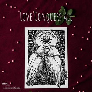 Love Conquers All Crow Print – Gothic Romantic Art – Dark Academia Gift – Mini muurafdruk in linostijl – Handgemaakt gotisch decor – raafpaar
