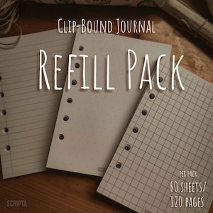Puede incluir: Tres paquetes de recambio para un diario con clip. Los paquetes presentan papel rayado, punteado y cuadriculado. El texto "REFILL PACK" se muestra de forma destacada. La esquina inferior derecha de la imagen muestra "PER PACK 60 HOJAS/120 PÁGINAS".