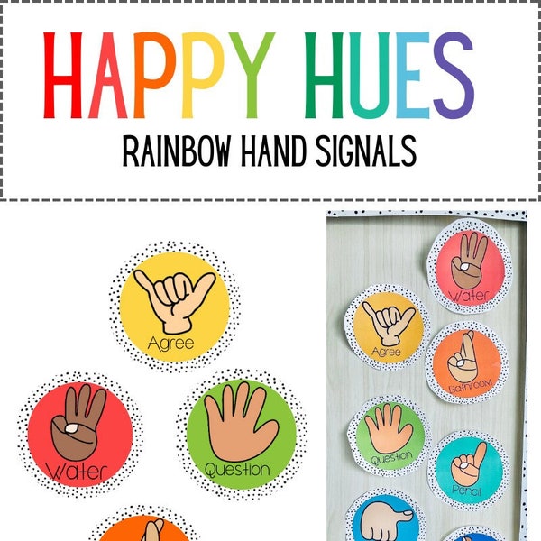 Happy Hues Rainbow Theme Hand Signals | DIGITAL DOWNLOAD | Printable Classroom Decor | Bright Rainbow Theme Classroom | Rainbow Theme