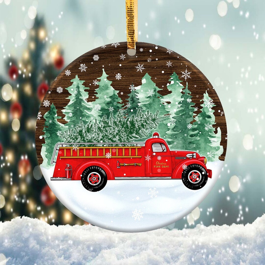 Christmas Fire Truck Ornament Round Christmas Ornament Etsy