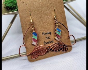 Rose-gold Metal Plated Butterfly Dangle Earrings with Pastel Charm