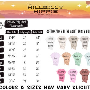 May include: A chart showing the size and color options for unisex t-shirts. The chart includes measurements for chest, body length, and body width in inches. The color options include solid white, heather cement, heather dust, heather cool grey, ash grey, lilac, heather peach, heather mint, heather ice, heather charity pink, heather bubble gum, and heather mauve.