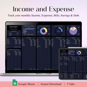 Income and Expense Tracker Excel Google Sheets Monthly Expenses Spreadsheet Profit and Loss Bookkeeping Template Financial Planner Dark Mode