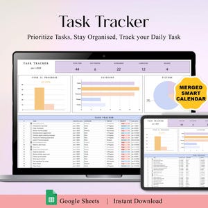 Task Tracker Spreadsheet Template, Task Management Google Sheet, ToDo List Productivity Organizer, Smart Calendar, Daily Weekly Monthly Plan
