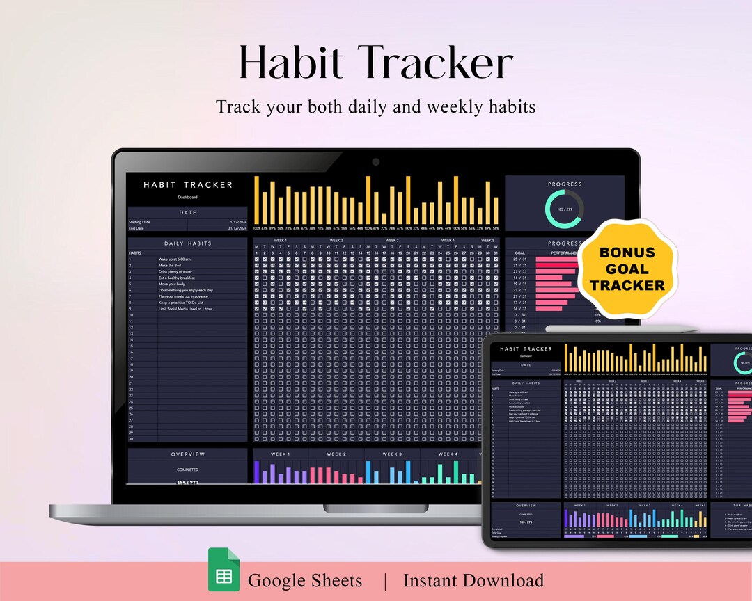 Everyday Routine Dashboard Habit Tracker Spreadsheet Dark Mode Google Sheets Excel Daily Habit ...