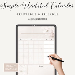 Calendario sin fecha imprimible, Calendario sin fecha rellenable, Calendario sin fecha, Descarga instantánea PDF, A4, A5, Carta de EE. UU.
