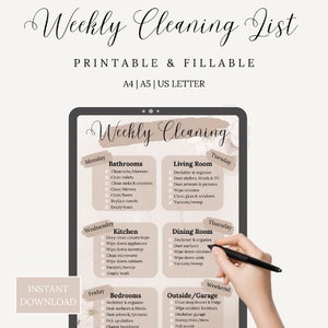Lista de limpeza semanal para impressão, lista de limpeza preenchível, lista de limpeza, lista de limpeza para trabalho/casa, download de PDF, A4, A5, US Letter