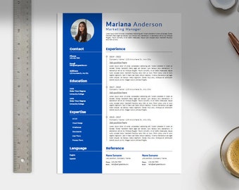May include: A blue and white resume template with a headshot of a woman. The resume is for Mariana Anderson, Marketing Manager. The resume includes contact information, experience, education, expertise, language, and references.
