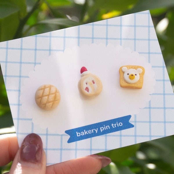 bakery pin trio - cute fake miniature sweets accessory: melon bread, strawberry roll cake, bear egg toast