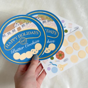 danish butter cookie tin card - winter holiday letter set with card, envelope, and sticker sheet