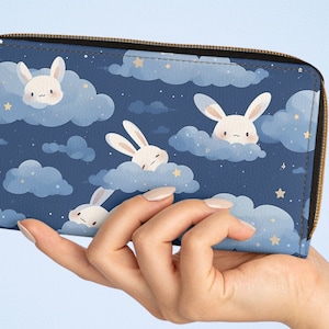 Kawaii Starry Night Sky Bunnies Zipper Wallet | Cruelty-free Faux Leather Money Purse