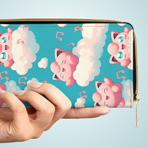 Carteira com zíper Jigglypuff Singing on Clouds | Bolsa de dinheiro de couro sintético sem crueldade