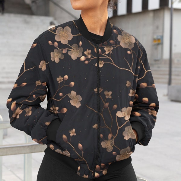 Fleurs de cerisier Sakura noir et or | Bomber pour femme d'inspiration japonaise