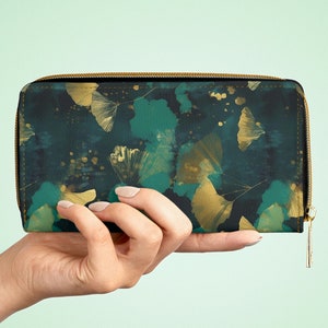 Cartera con cremallera de hoja de ginkgo verde esmeralda y dorada / Monedero de piel sintética sin crueldad animal