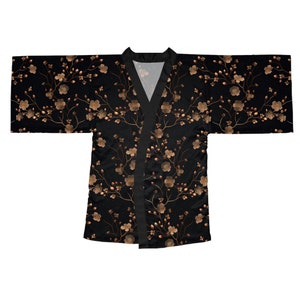 Black and Gold Sakura Cherry Blossoms | Japanese-Inspired Long Sleeve Kimono Robe