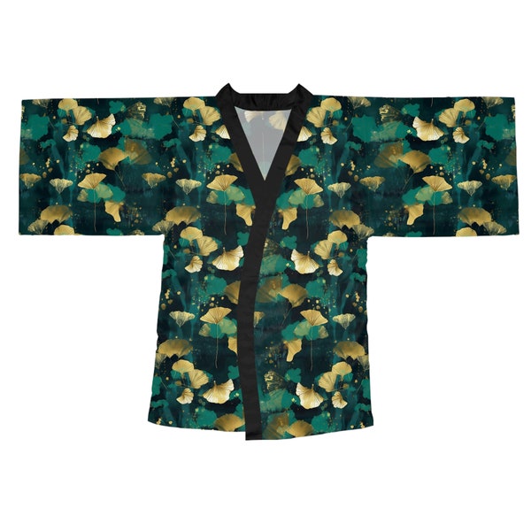 Feuille de Ginko vert émeraude et or | Robe kimono à manches longues d'inspiration japonaise