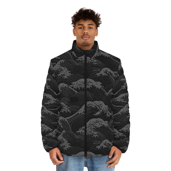 Vagues de l ocean Ukiyo e japonaise monochromatique grise Veste matelassee pour homme inspiree de Kanagawa de Hokusai Etsy France