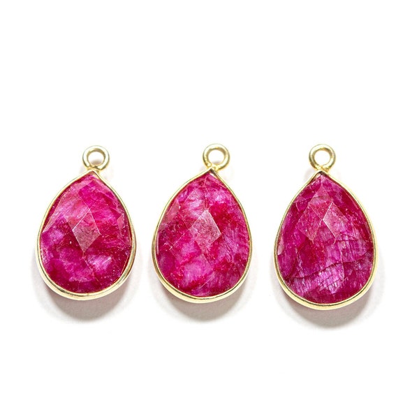 Red Ruby Quartz Gemstone, Teardrop Pendant, Faceted Pendant, Bezeled Gemstone, 22k Gold Plated, July Birthstone, 10x14mm, 161