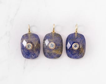 Lapis Lazuli & Rutilated Quartz Layered Pendant, Faceted Rectangle Pendant, 18k Gold Vermeil, 16mm, 1pc