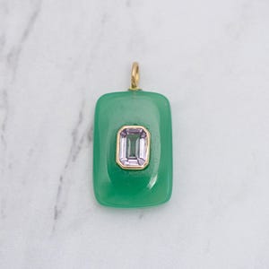 Large Chrysoprase Chalcedony Rectangle Pendant, Amethyst Inlay, 18k Gold Vermeil, 22mm, 1pc