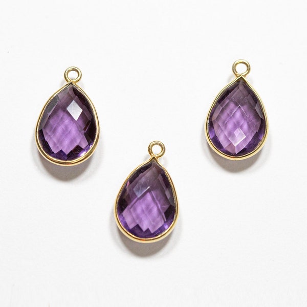 Purple Amethyst Quartz Gemstone, Teardrop Pendant, Faceted Pendant, Bezeled Gemstone, 22k Gold Plated, February Birthstone, 10x14mm, 164