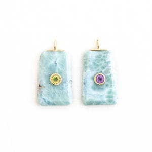 Larimar Trapezoid Pendant, Faceted Amethyst, Peridot Inlay, Double Gemstone Pendant, 18k Gold Vermeil, Dominican Stone, 24mm, Peg Bail, 1pc