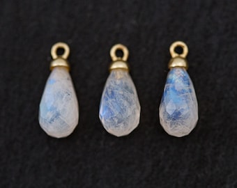 Faceted Rainbow Moonstone Briolette Charm, Mini Teardrop Pendant, 18k Gold Vermeil Bail, 12mm, 1pc