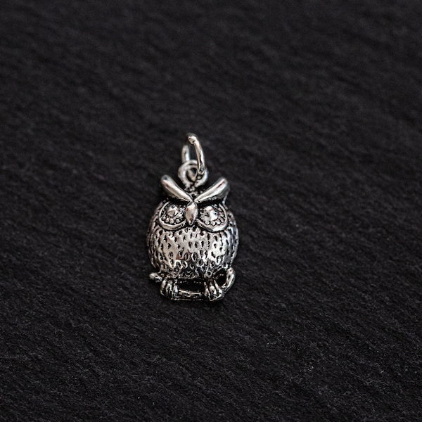 Sterling Silver Owl Charm, Owl Charm, Wise Owl Charm, Bird Charm, Oxidized Silver Owl Charm, One Sided Charm, 12x9mm