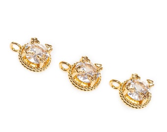 Gold Cubic Zirconia Gemstone, Round Crystal Charm, Tiny Dainty Cubic Zirconia Pendant, April Birthstone, CZ, 1 pc, 11x8mm, 148
